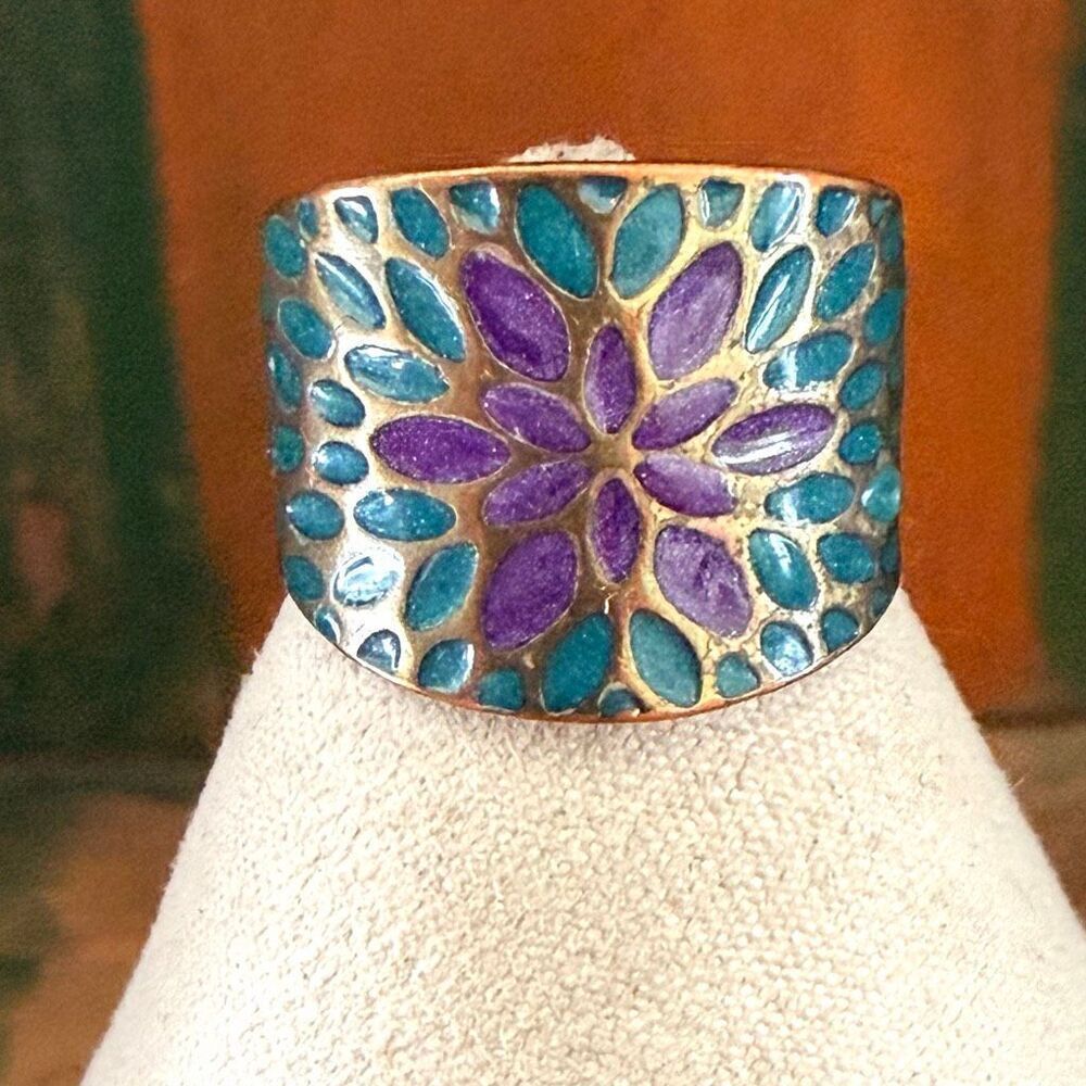 Copper tone Enamel Floral Mosaic Wide Band Ring Purple Teal